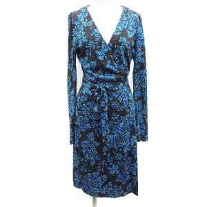 17SS ラップドレス ワンピース ひざ丈 長袖 カシュクール シルク ドット柄 花柄 フローラル 2 M ブルー