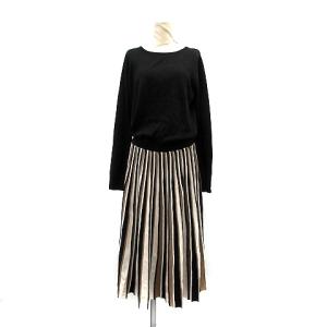 ワンピース ニット 長袖 ひざ丈 ストライプ F 黒 ブラック 茶 ブラウン