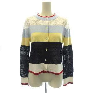カーディガン コットン ニット メッシュ ボーダー 透かし編み 1 S 白 ホワイト マルチカラー