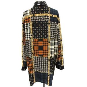 Lois CRAYON シャツ ブラウス 長袖 総柄 グレンチェック 切替 M 黒 ブラック オレンジ マルチカラー