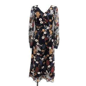 20AW レース刺繍OP ワンピース ロング 長袖 Vネック チュール 花柄 フローラル 刺繍 36 紺 ネイビー /KH