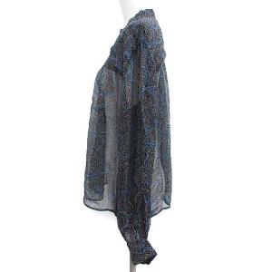 ISABEL MARANT ETOILE 18AW ブラウス シャツ バンドカラー 長袖 シアー シースルー 総柄 絹 シルク 36 S 黒 ブラック 紺 ネイビー