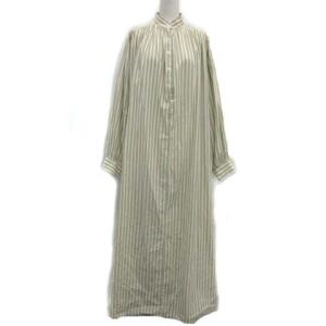 テン TEN シャツワンピース ロング マキシ フレア 長袖 ストライプ バンドカラー 緑 グリーン オレンジ