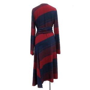 TORY BURCH ワンピース ボーダー Vネック ラップ 長袖 ロング ヒザ下 4 L ネイビー 紺 ボルドー