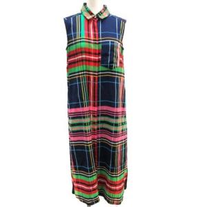 ボノット BONOTTO 19SS シャツワンピース ロング ミモレ丈 ノースリーブ 比翼 チェック 36 S 紺 ネイビー