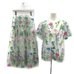 36 S セットアップ 上下 シアーブラウス カットソー スカート ミモレ丈 ロング 花刺繍 チュール マルチカラー