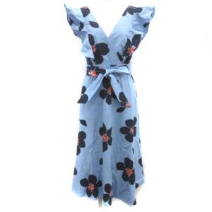 2 M グランドフローラポプリンミディドレス ワンピース ロング 花柄 フリル ノースリーブ 青 ブルー 紺 ネイビー