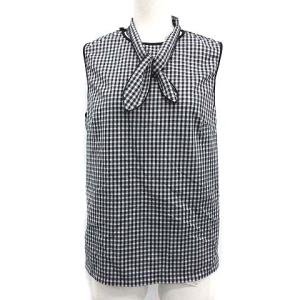 カットソー ノースリーブ ギンガムチェック リボン S 紺 ネイビー 白