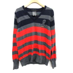 MARK&LONA ニット カットソー ボーダー Vネック スカル ドクロ ウール L グレー 赤 レッド 紺 ネイビー