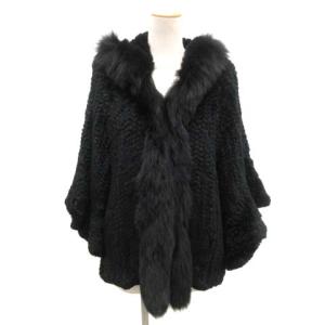 フードファーフリルコート ショート丈 毛皮 フレアスリーブ 七分袖 ラビットファー フォックスファー 36 S 黒 ブラック