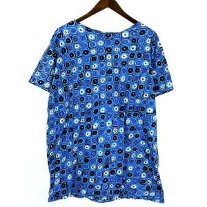 Tシャツ カットソー 半袖 総柄 リネン混 M 青 ブルー