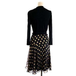DIANE von FURSTENBERG ワンピース ひざ丈 ミモレ丈 長袖 星柄 スター シルク M ブラック イエロー
