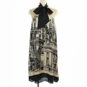 19AW ワンピース ひざ丈 ノースリーブ リボン 総柄 36 S ベージュ 黒 ブラック