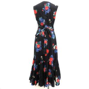 TORY BURCH ラップワンピース ロング 花柄 フリル ノースリーブ XS 黒 ブラック 赤 レッド 青 ブルー