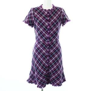 プレイドツイードドレス plaid tweed dress ワンピース ひざ丈 半袖 フリンジ ウール混 0 XS 紫 パープル