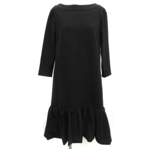 WクロスAラインワンピース フリル ひざ丈 七分袖 36 S 黒 ブラック