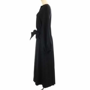 ebure 19-20AW キーネックフレアワンピース 長袖 ロング マキシ丈 ベルト ウール 36 S 黒 ブラック