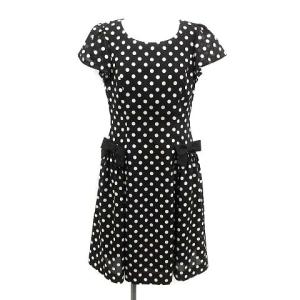 17年製 ワンピース 半袖 ひざ丈 ドット リボン 38 M 黒 白 ブラック ホワイト