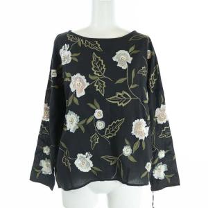 ブラウス シャツ 長袖 ボタニカル刺繍TOP スパンコール 38 M 紺 ネイビー タグ付き