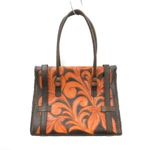 CARVING TRIBES ハンドバッグ レザー フラワー ステッチ 茶 ブラウン