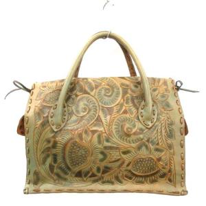 CARVING TRIBES MaestraM マエストラM トートバッグ ハンドバッグ レザー 総柄 リボン 緑 グリーン 茶 ブラウン