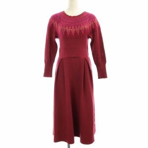 ワンピース ロング 長袖 ニットノルディック柄 ウール 38 M 赤 レッド