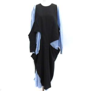 ワンピース ロング 変形 フェイクレイヤード 長袖 38 M 黒 ブラック 青 ブルー