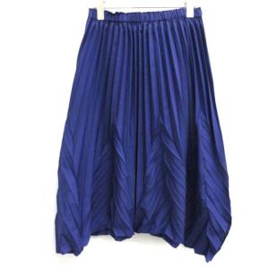 スカート ひざ丈 ななめプリーツ バルーン ウエストゴム 青 ブルー