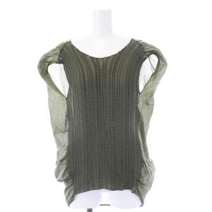 ブラウス シャツ ノースリーブ プリーツ シアー シースルー ギャザー カーキ