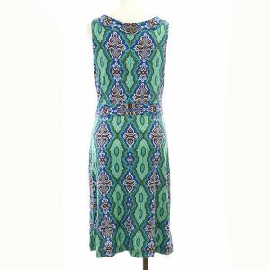 TORY BURCH ワンピース ノースリーブ ひざ丈 総柄 シルク100％ S 緑 青 グリーン ブルー