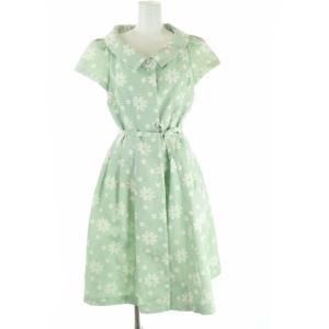 ワンピース 半袖 ひざ丈 比翼ボタン 花柄 ドット 水玉 ボーダー ビジュー ペチコート付 38 M 緑 グリーン 白 ホワイト