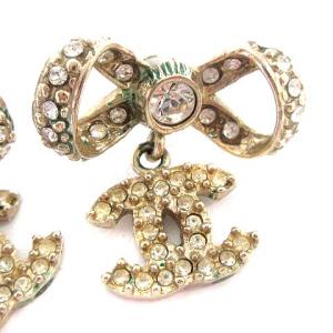 CHANEL 12P リボンピアス ココマーク ラインストーン ゴールドカラー