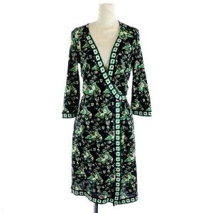 ラップワンピース ミモレ ロング シルク 花柄 7分袖 総柄 S ブラック グリーン