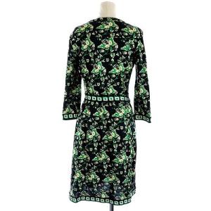 DIANE von FURSTENBERG ラップワンピース ミモレ ロング シルク 花柄 7分袖 総柄 S ブラック グリーン