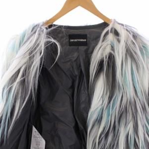 EMPORIO ARMANI ファージャケット アウター ジップアップ ゴートファー 40 L 白 ホワイト 水色 ライトブルー グレー