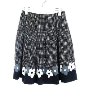 フレアスカート ひざ丈 チェック 花柄 タック ストレッチ 38 M 黒 ブラック 白 ホワイト