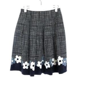 M'S GRACY フレアスカート ひざ丈 チェック 花柄 タック ストレッチ 38 M 黒 ブラック 白 ホワイト