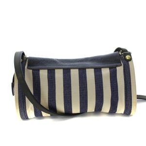 IL BISONTE ショルダーバッグ キャンバス レザー ストライプ フラップ 紺 ネイビー