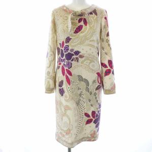 長袖ワンピース リボン 花柄 ウール  ベージュ ピンク