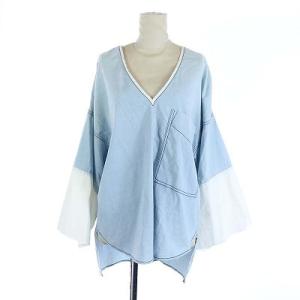 カットソー Vネック コットン 半袖 2 M バイカラー ライトブルー 白 ホワイト