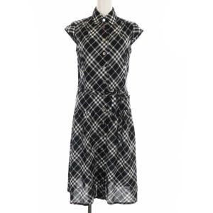 シャツワンピース ロング ミモレ丈 ノースリーブ チェック 36 S 黒 ブラック 白 ホワイト
