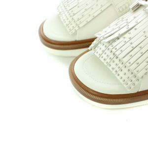 TOD'S サンダル シューズ フラット スタッズ フリンジ レザー 36.5 23.5cm 白 ホワイト 茶 ブラウン