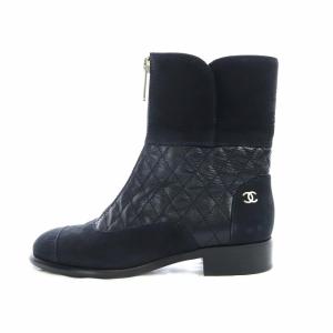 ショートブーツ マトラッセ ココマーク スエード レザー 36.5C ネイビー ブラック