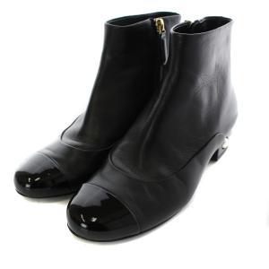 ショートブーツ パールヒール レザー 36.5C ブラック G32239