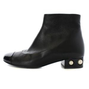 CHANEL ショートブーツ パールヒール レザー 36.5C ブラック G32239