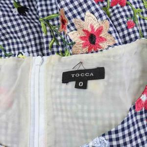 TOCCA 18SS ワンピース チェック 花刺繍 ひざ丈 ノースリーブ 0 XS 白 ホワイト 紺 ネイビー マルチカラー
