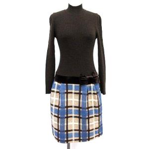 ワンピース リブ ニット ハイネック ひざ丈 チェック ウール 長袖 38 M 茶 ブラウン 青 ブルー