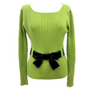 カットソー リブ ニット リボン 長袖 ウール混 38 M カーキ グリーン 緑