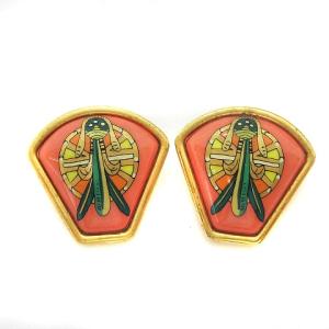 イヤリング エマイユ 七宝焼き オレンジ 金 ゴールド