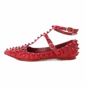 VALENTINO GARAVANI ロックスタッズフラットパンプス アンクルストラップ ポインテッドトゥ レザー 36 23.0cm 赤 レッド